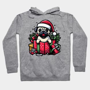 Pug In Present Dog Christmas Festive Santa Hat Hoodie